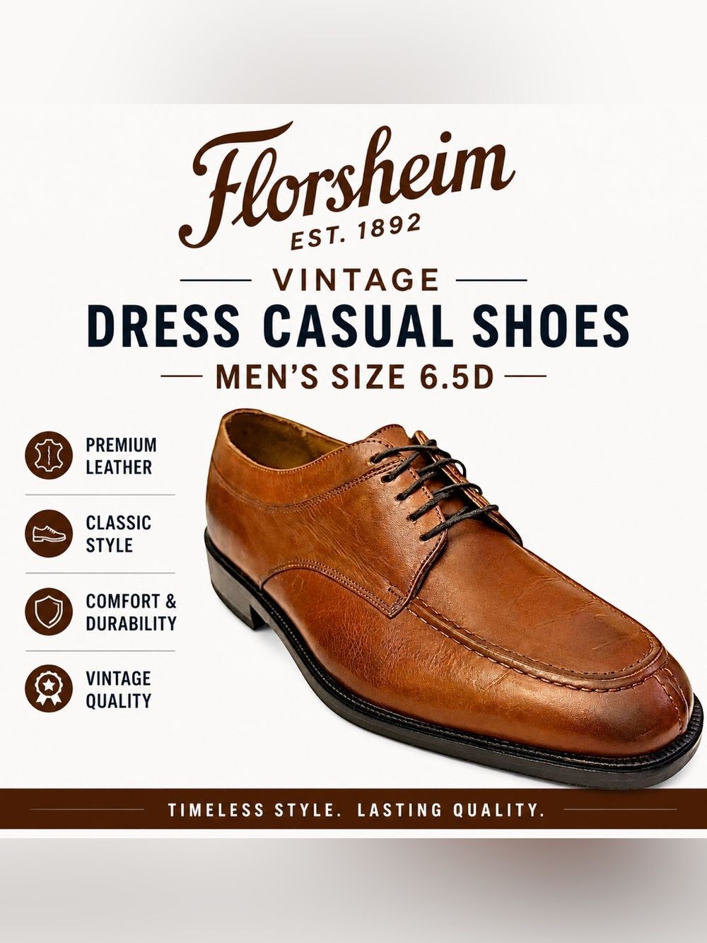 Vintage Florsheim Cognac Brown Leather Split Toe Dress Casual Shoes Men’s 6.5D